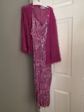 Magenta Fuzzy Cardigan with Pink Paisley Slip Dress